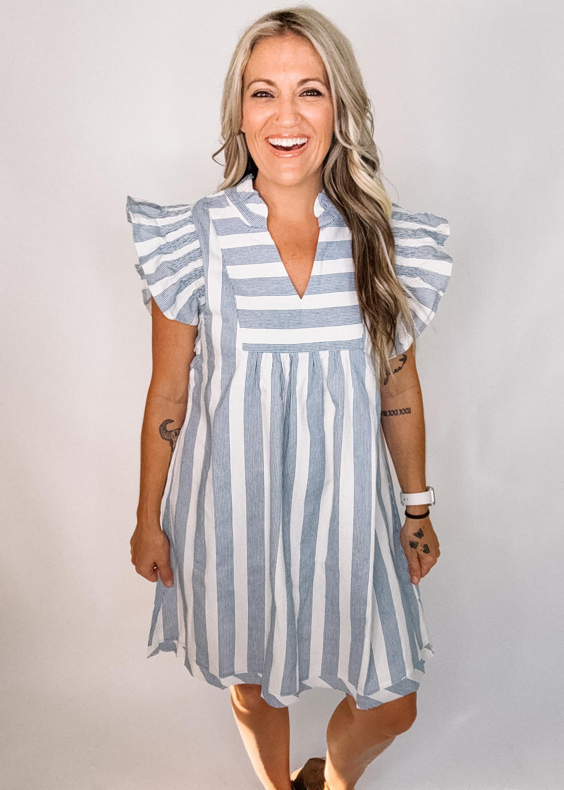 Blue and White Summer Stripe Ruffle Sleeve Dress