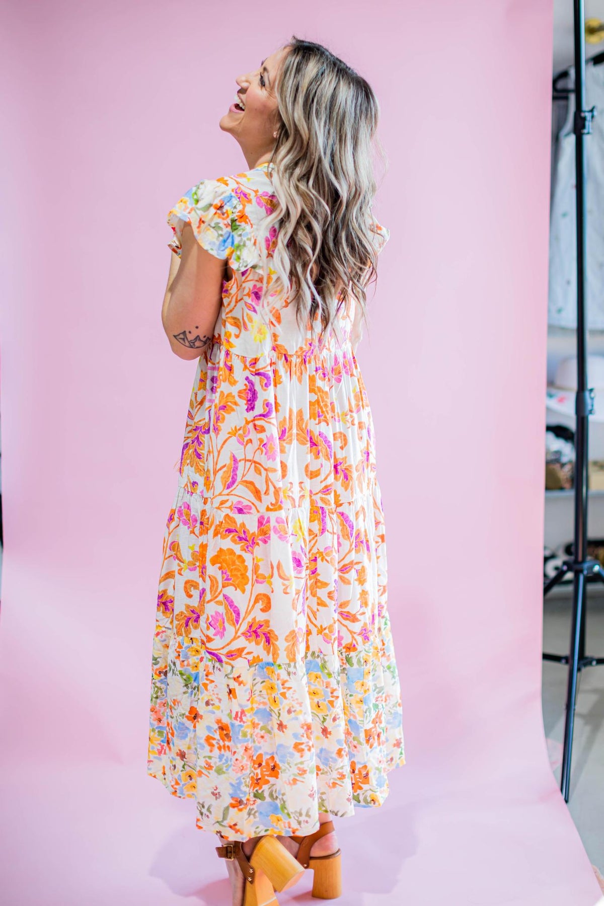 Orange and Pink Printed Midi Dress