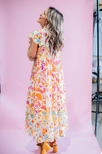 Orange and Pink Printed Midi Dress