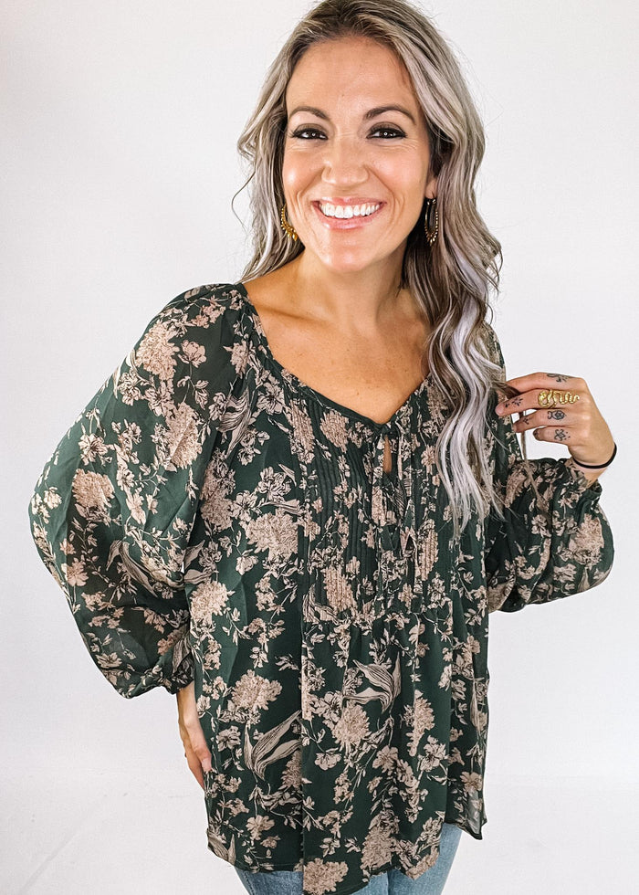 Sea Green Floral Pintuck Detail Blouse