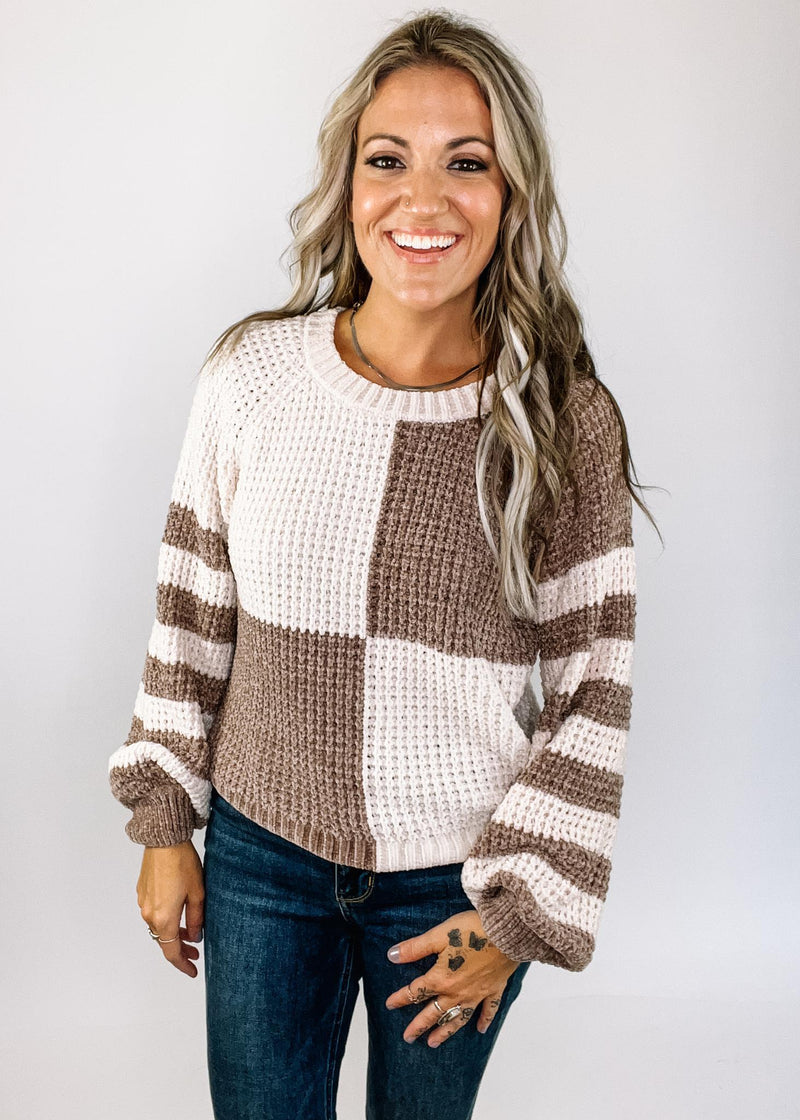 Mocha Chenille Knit Block Sweater