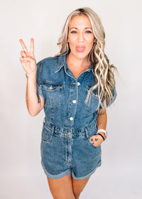 Denim Mineral Washed Button Down Romper