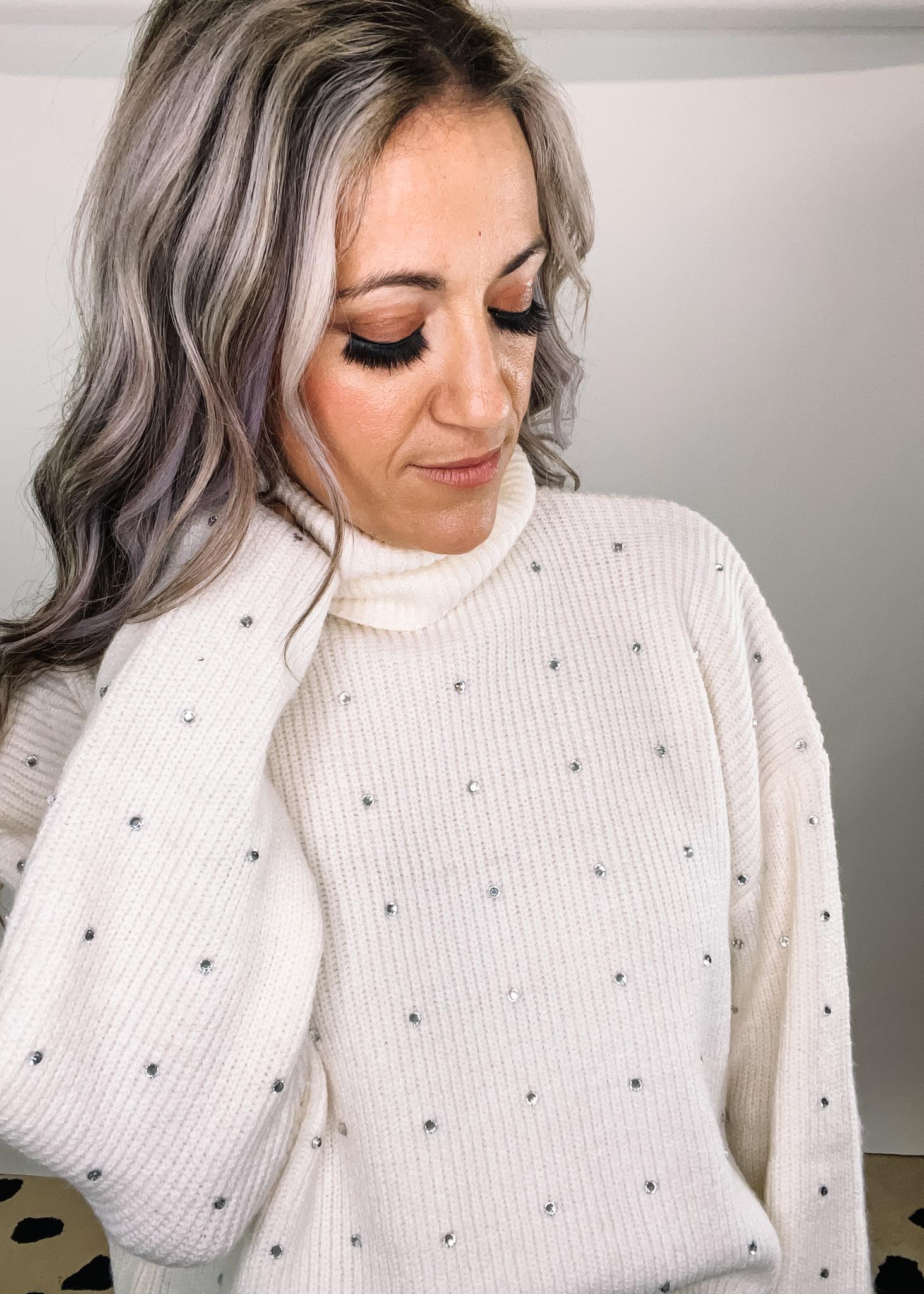 Ivory and Rhinestone Turtleneck Sweater – The Teal Eagle Boutique