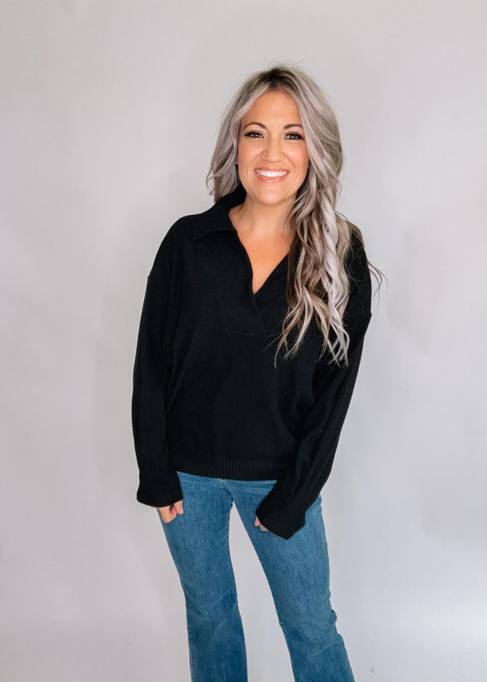 Ribbed Black Collared Top
