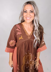 Brown Embroidered Kimono Dress