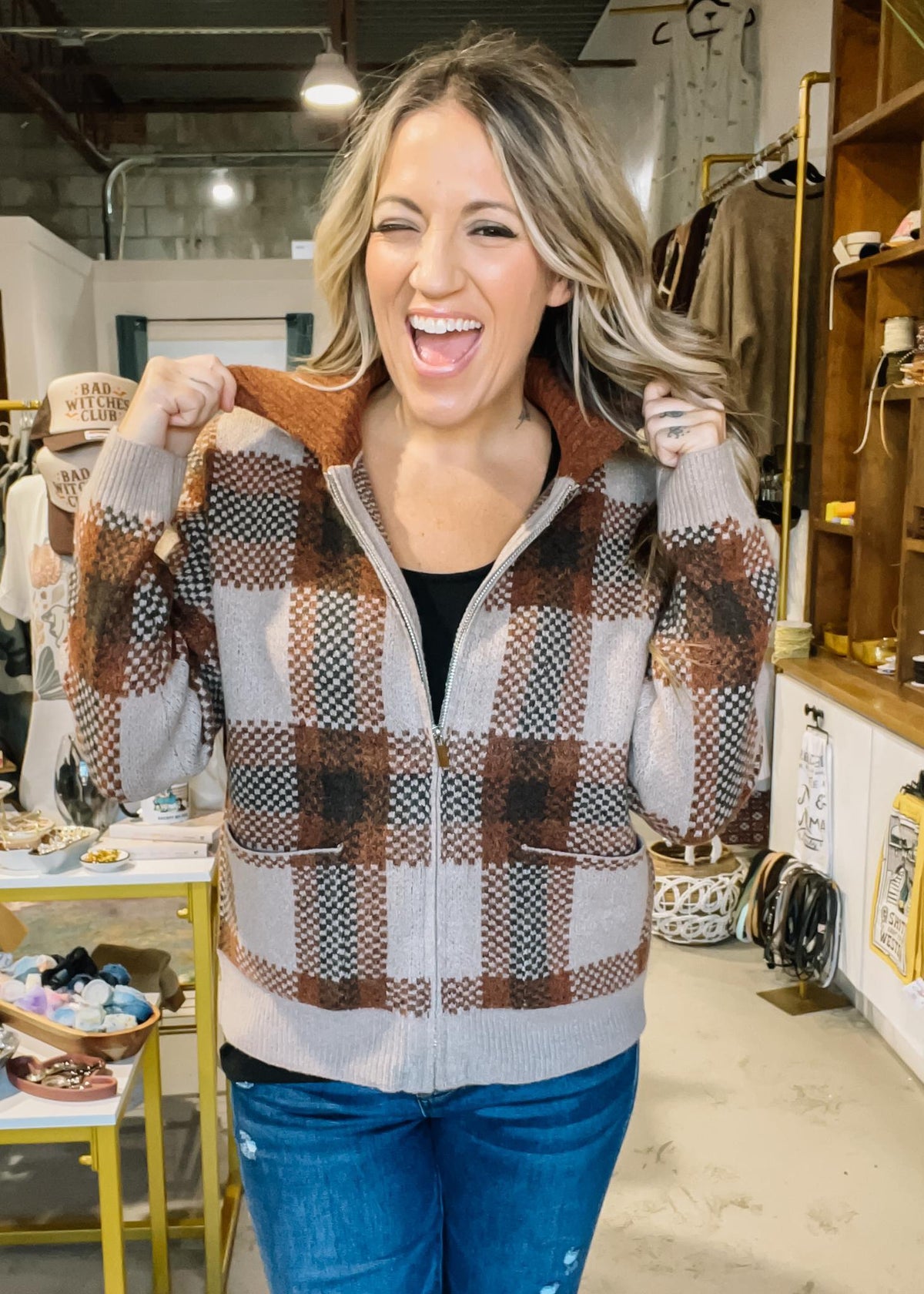 Rust Plaid Collar Zip Up Sweater