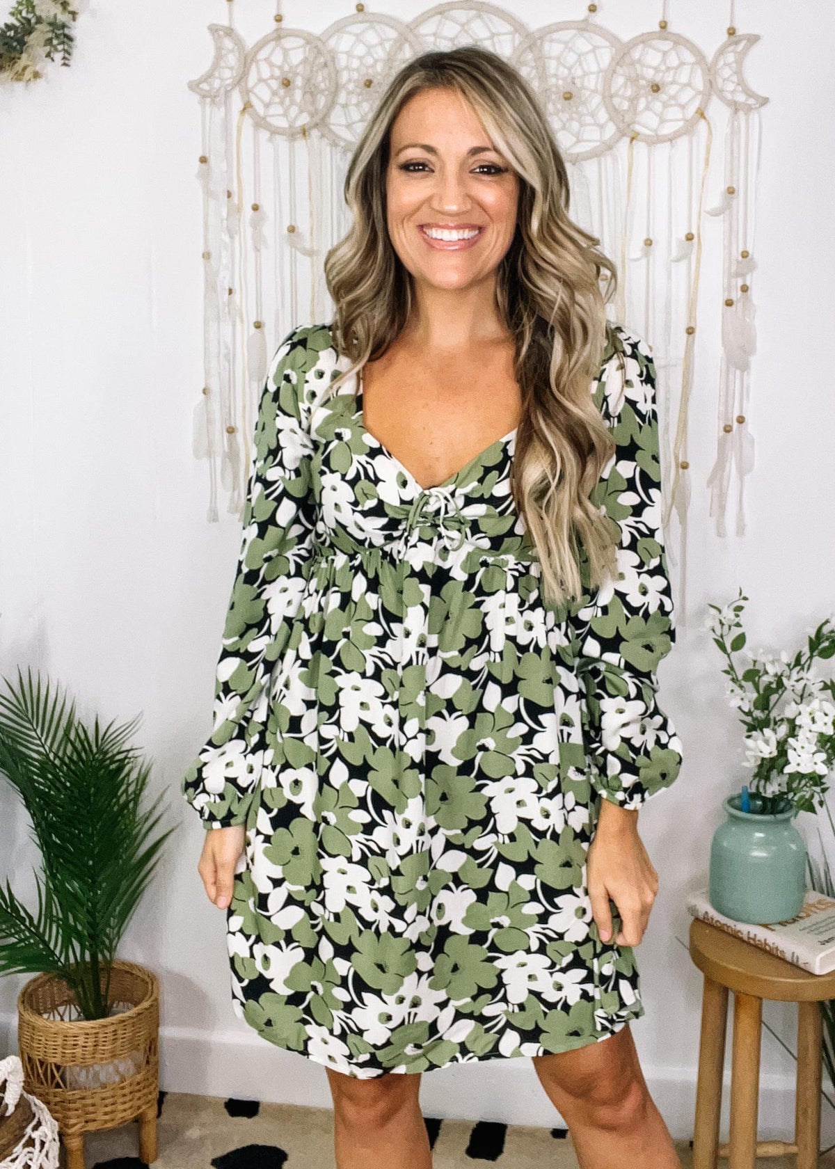 Gale Green and Black Floral Smocked Babydoll Dress