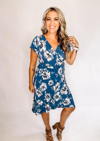 Blue and White Floral Tulip Short Sleeve Dress