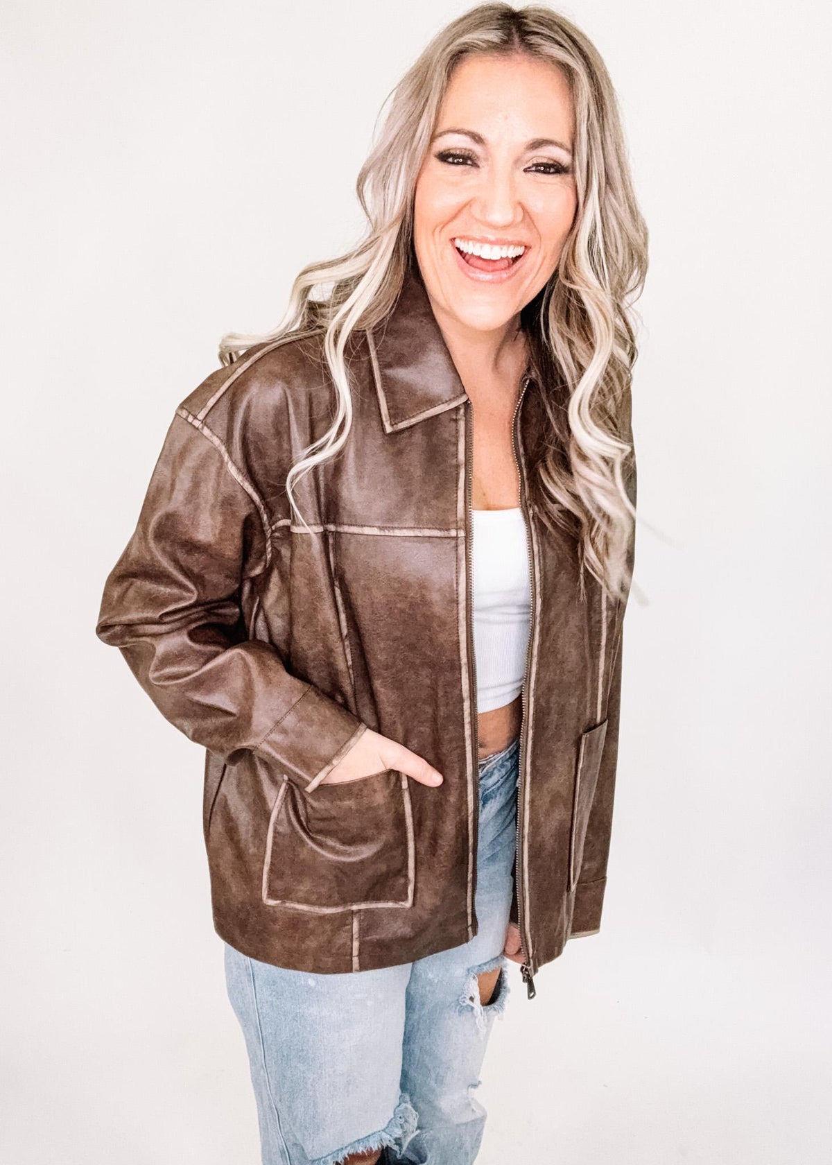 Washed Faux Leather Collared Zip Jacket