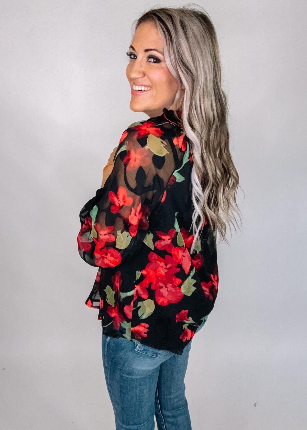 Printed Chiffon Peasant Sleeve Blouse