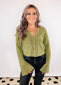 Olive Green V Neck Contrast Lace Detail Top