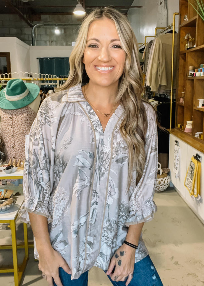 Taupe Floral Split Neck Blouse