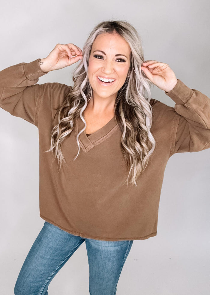 Brown Reverse Stitch Long Sleeve Top