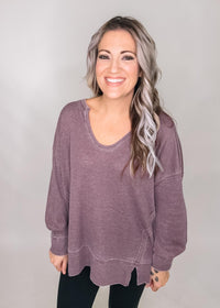 Cotton Blend Waffle Knit Oversized Long Sleeve Top