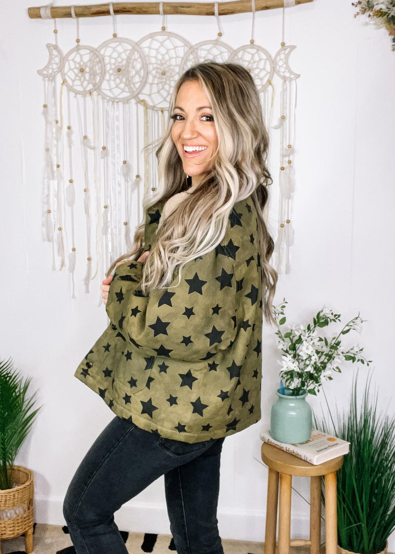 Olive Star Print Utility Jacket