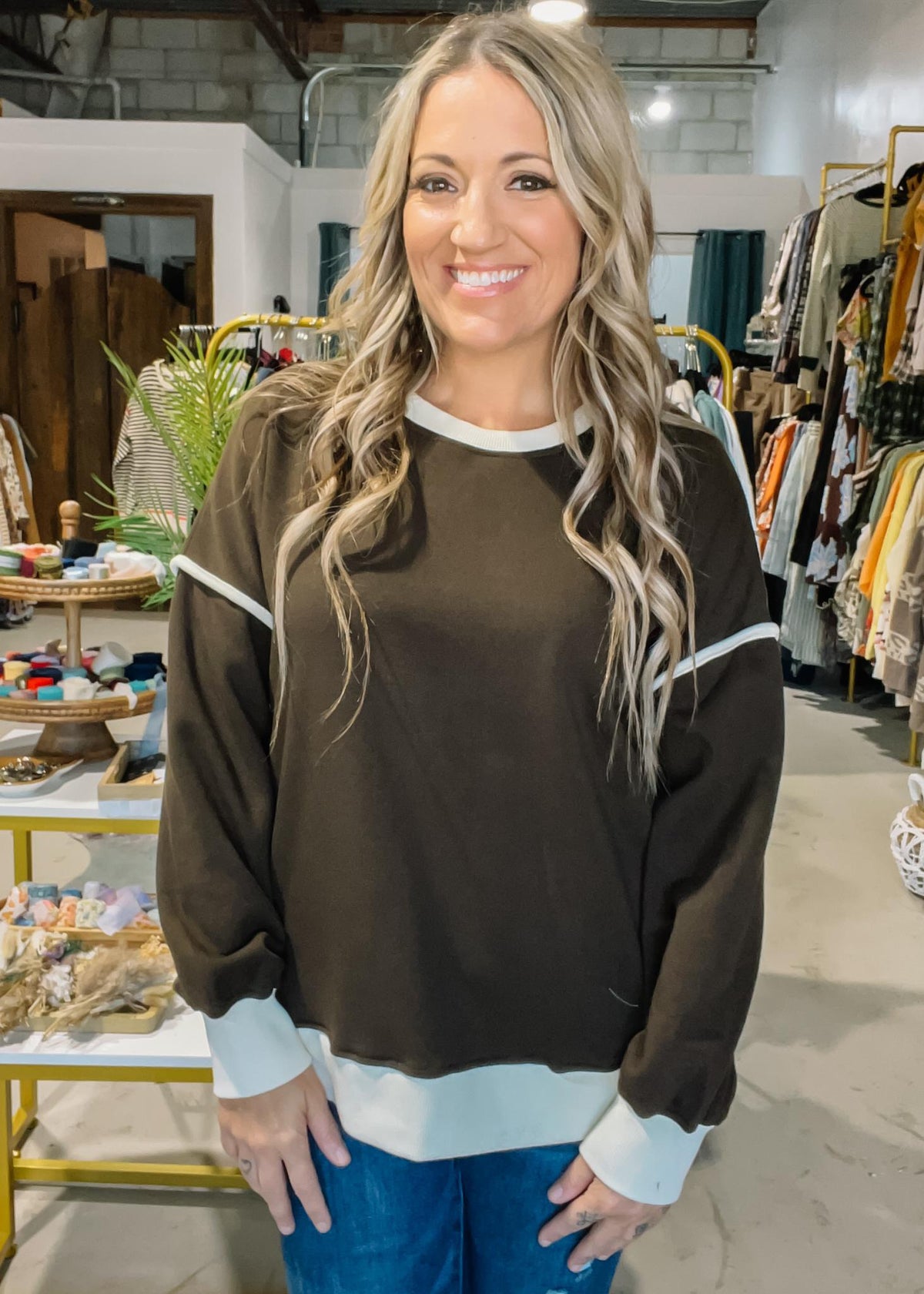 Ivory Trim Pullover Pockets