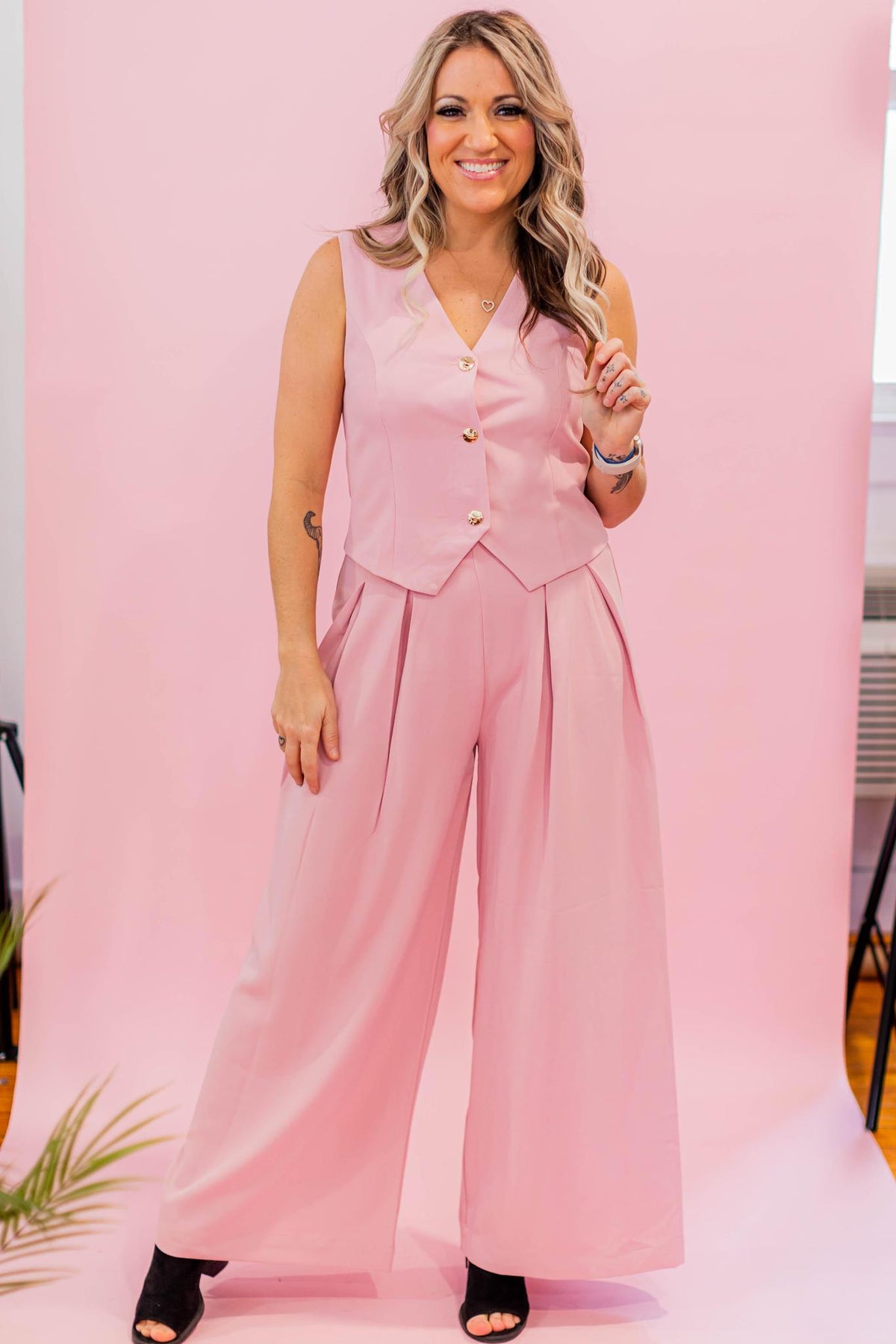 Misty Pink Zipper Back Wide Leg Pants