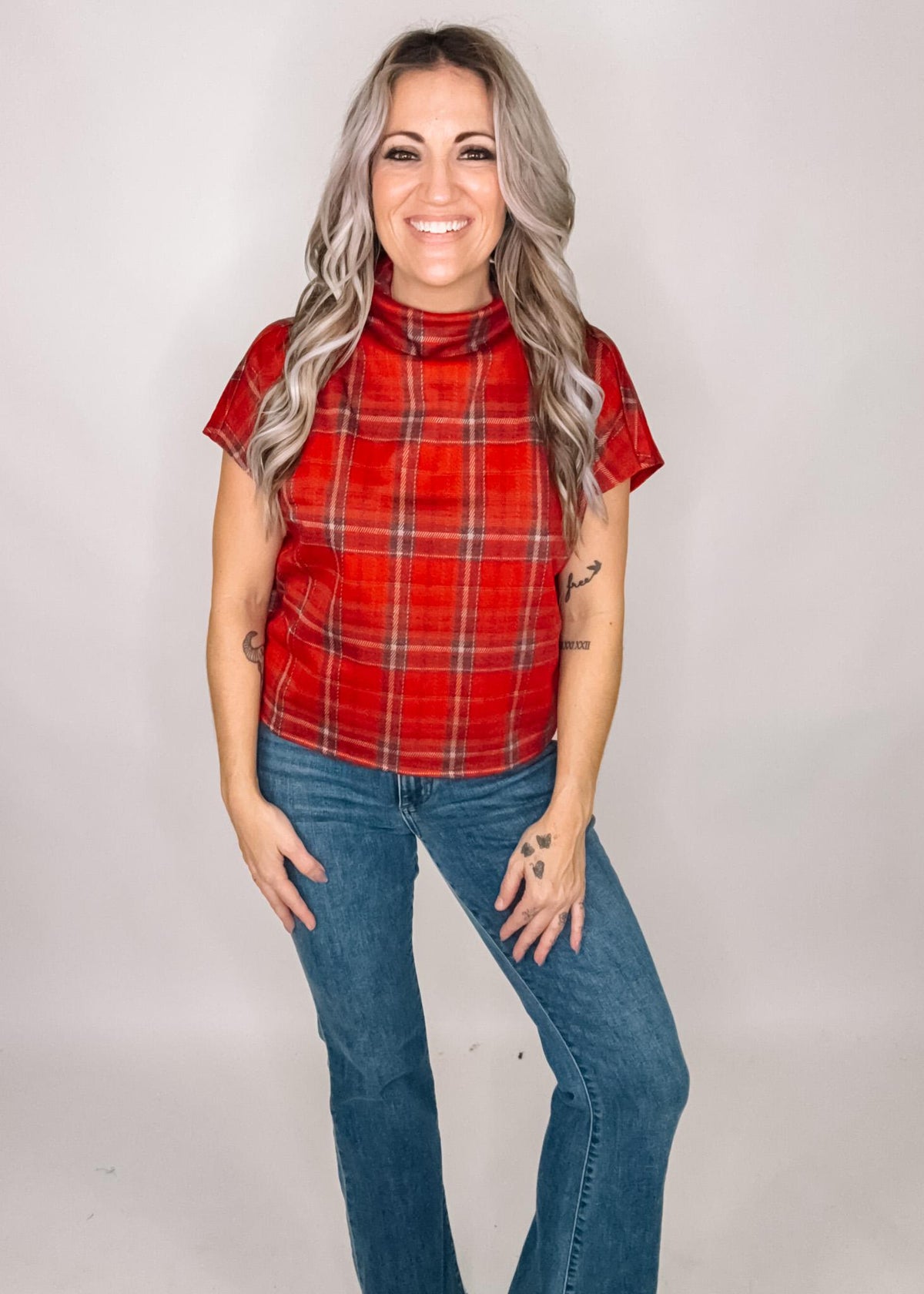 Red Plaid Mock Neck Top