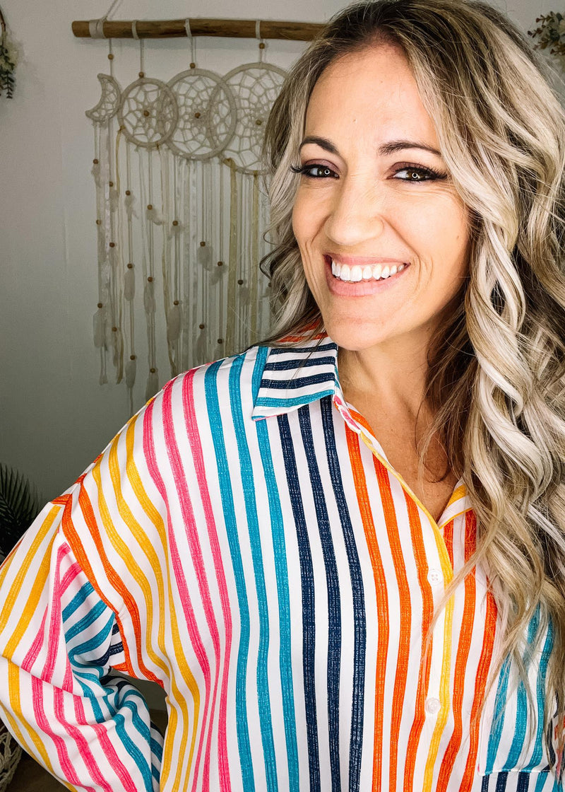 Rainbow Striped Button Up Blouse