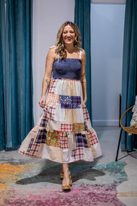 Smocked Denim Patchwork Maxi Dress