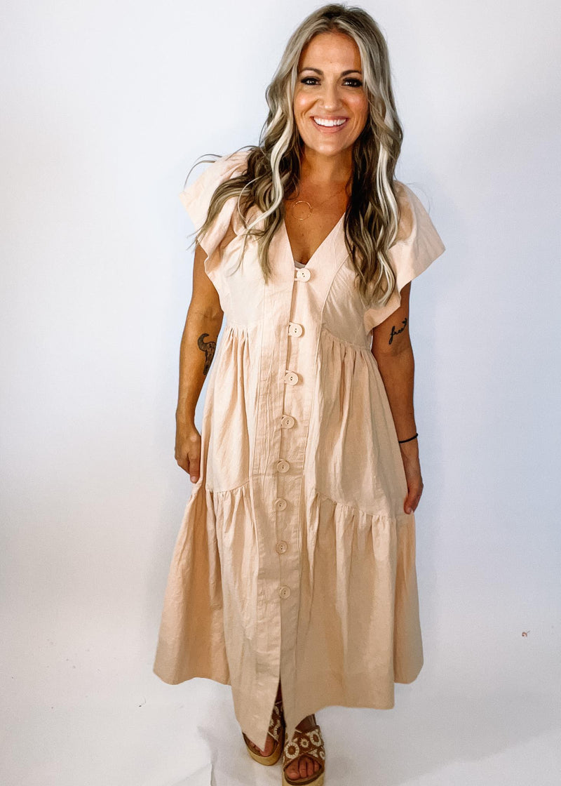 Natural Button Down Flare Sleeve Dress