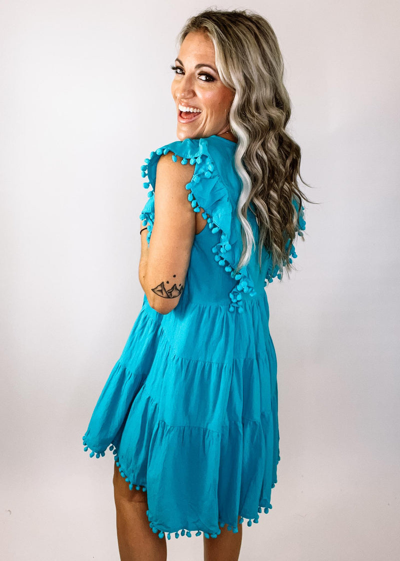 Teal Embroidered Pom Pom Sleeve Dress