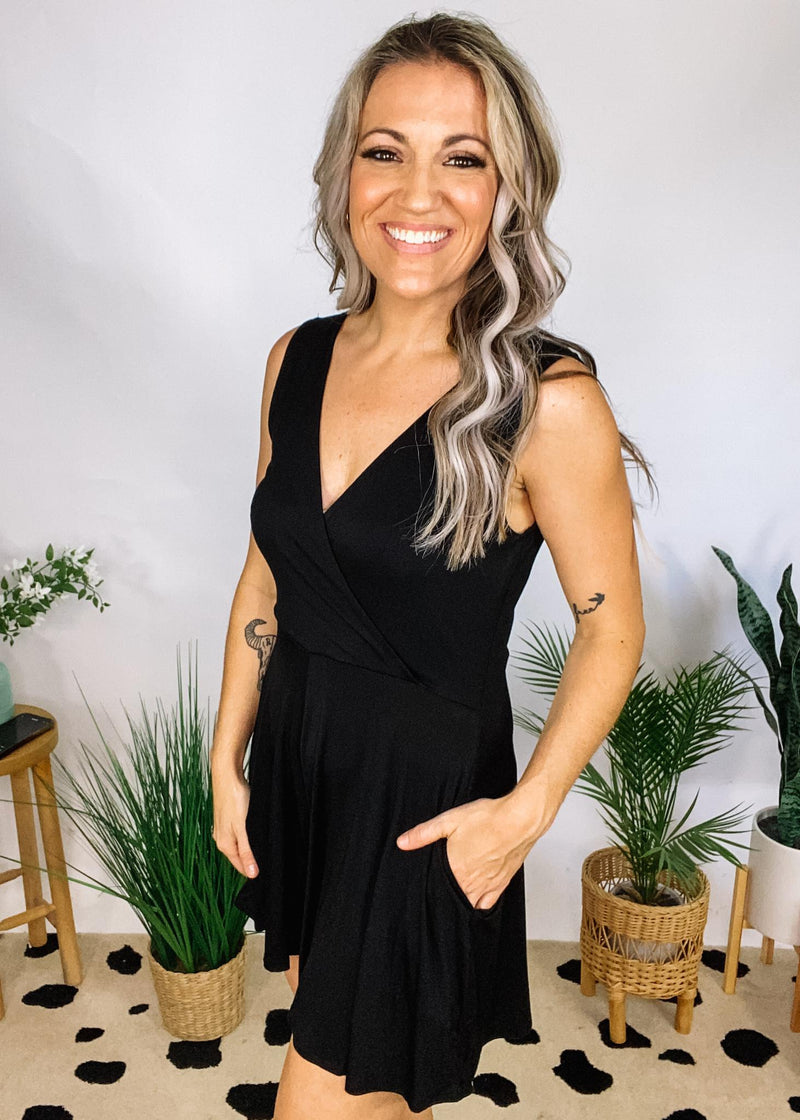 Classic Black Faux Wrap Romper