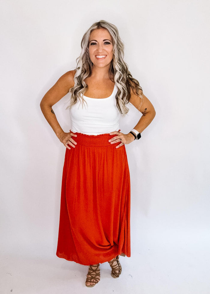 Marsala High Rise Smocked Waistband Maxi Skirt
