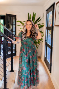 Green and Floral Mesh Maxi Dress