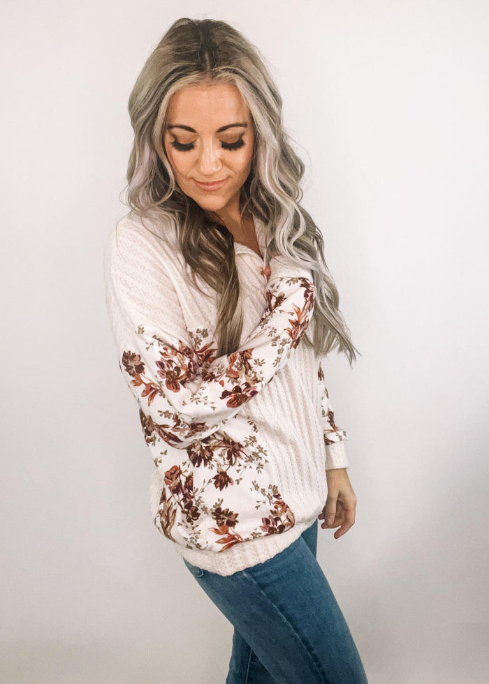 Cream Floral Drop Shoulder Brushed Knit Top