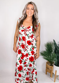 Red Floral Tie Front Midi Dress