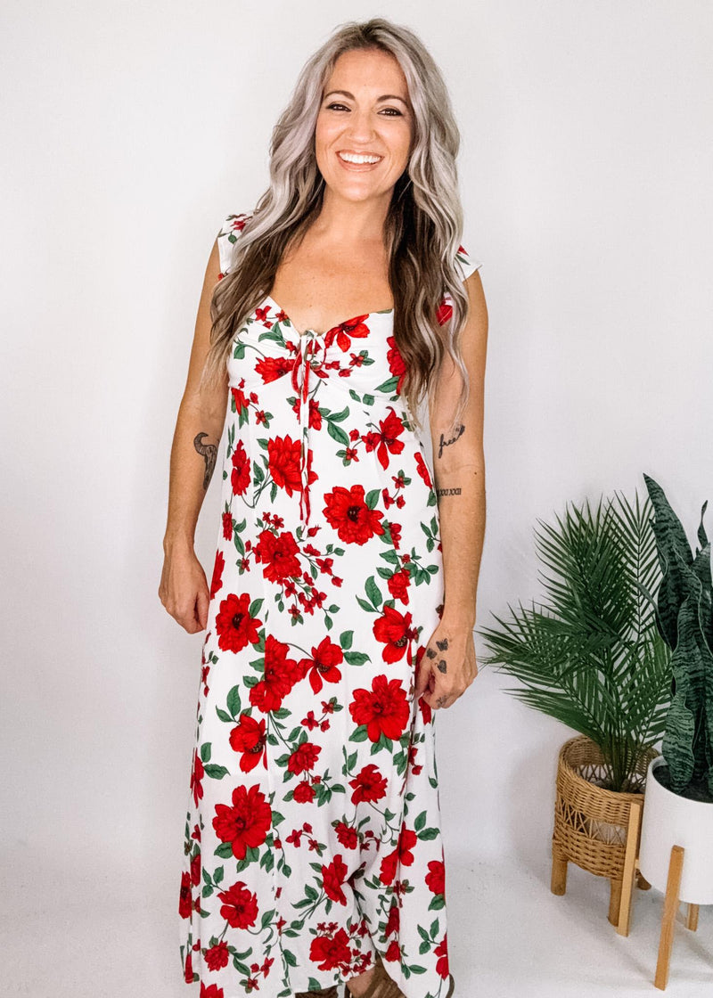 Red Floral Tie Front Midi Dress
