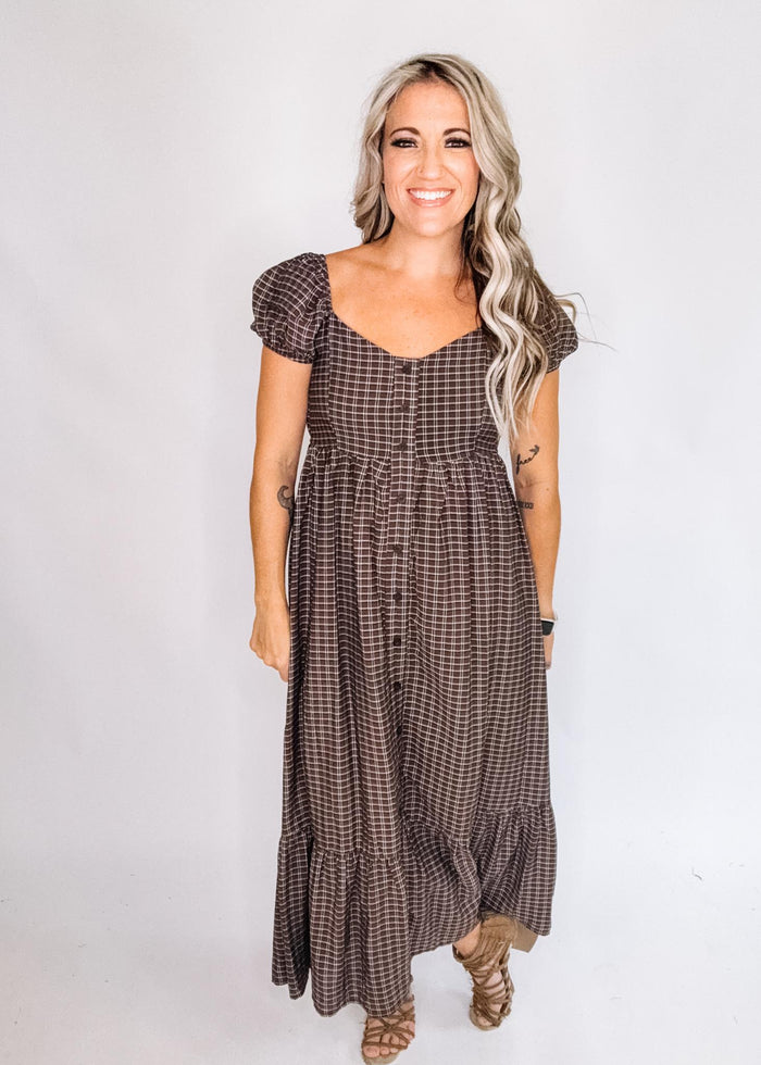 Plaid Puff Sleeve Button Down Maxi Dress