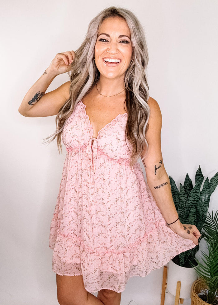 Pink Chiffon Ruffle Trim Mini Dress