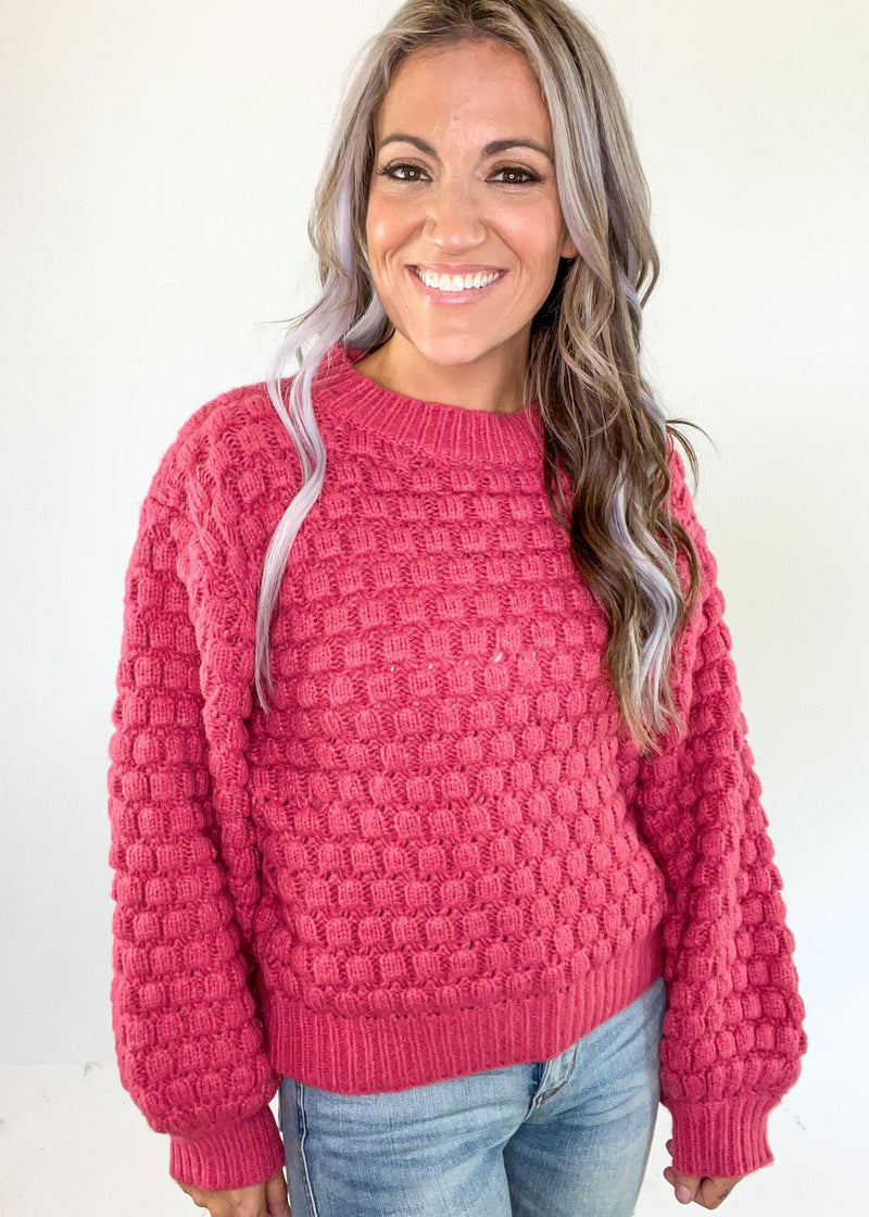 Raspberry Textured Balloon Sleeve Sweater