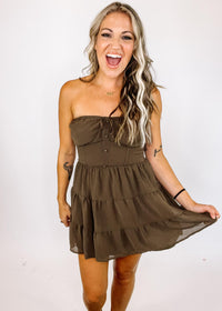 Brown Tiered Mini Dress and Button Shirt Set