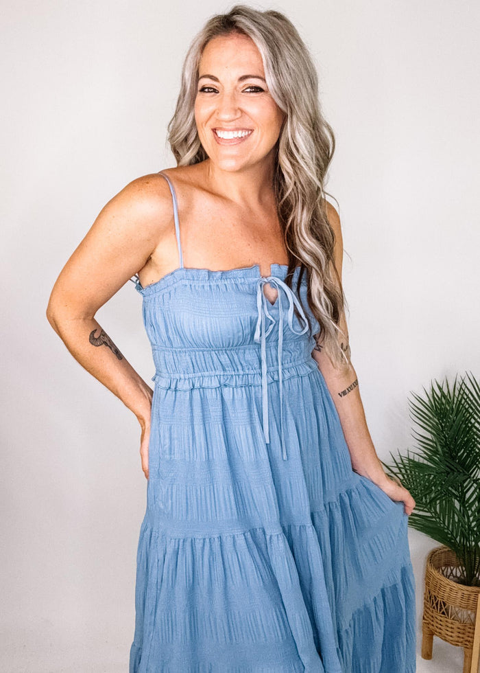 Denim Blue Textured Tiered Maxi Dress