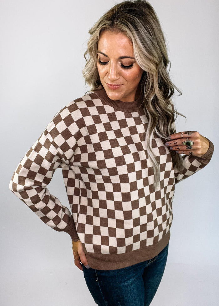 Mocha Checker Board Crew Neck