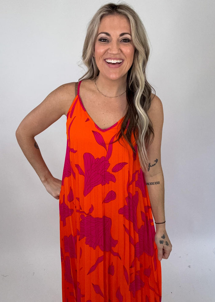 Orange and Magenta Pleated Maxi Dress