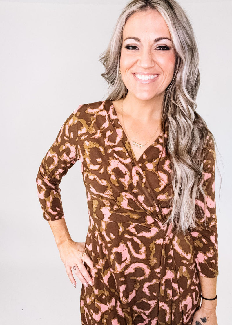 Brown and Pink Abstract V Neck Flounce Dress