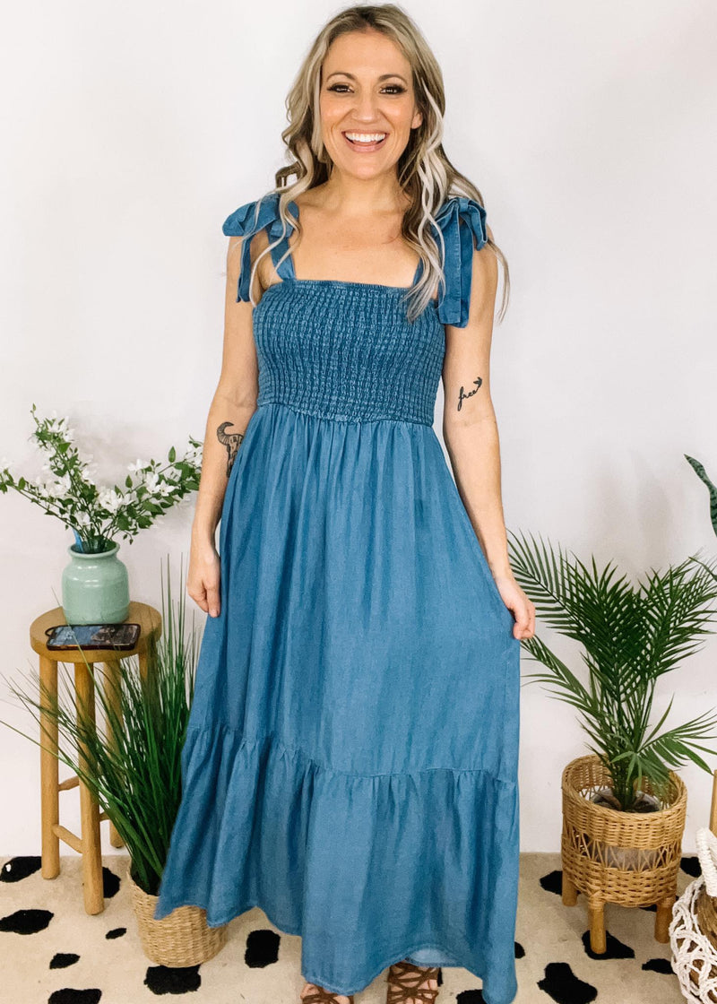 Chambray Smocked Midi Dress with Tie Straps The Teal Eagle Boutique Chambray Smocked Midi Dress with Tie Straps The Teal Eagle Boutique