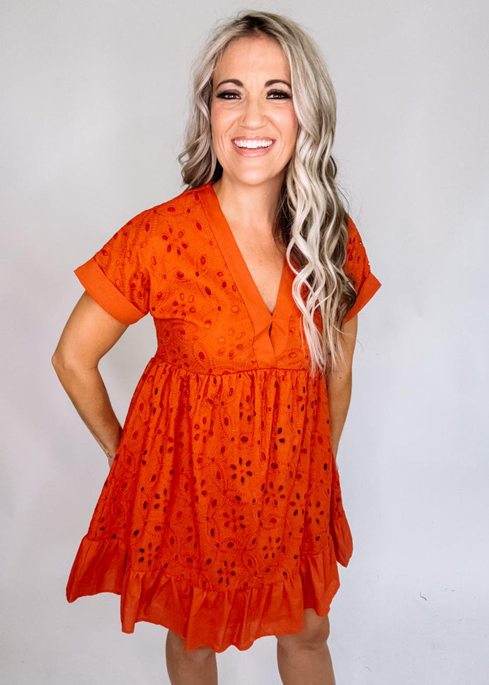 Drop Shoulder Embroidered Eyelet Dress