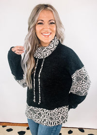 Black and Oatmeal Aztec Cowl Neck Top