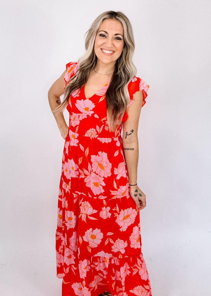 Red and Pink Tiered Maxi Dress