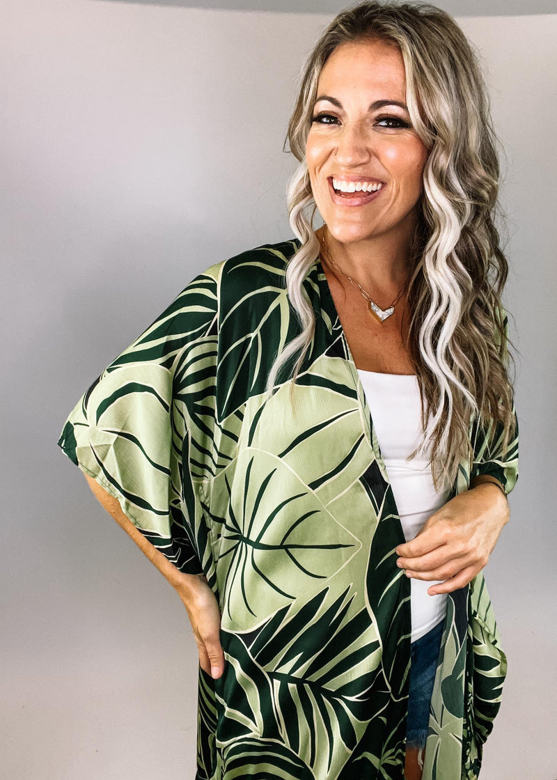 Green Palm Leaf Printed Kimono