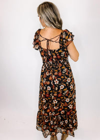 Amber and Black Lace Back Fall Floral Midi