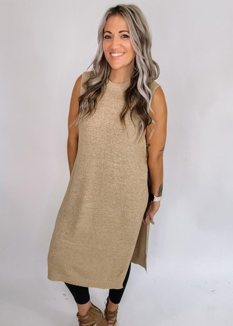 Side Button Sleeveless Open Longline Sweater