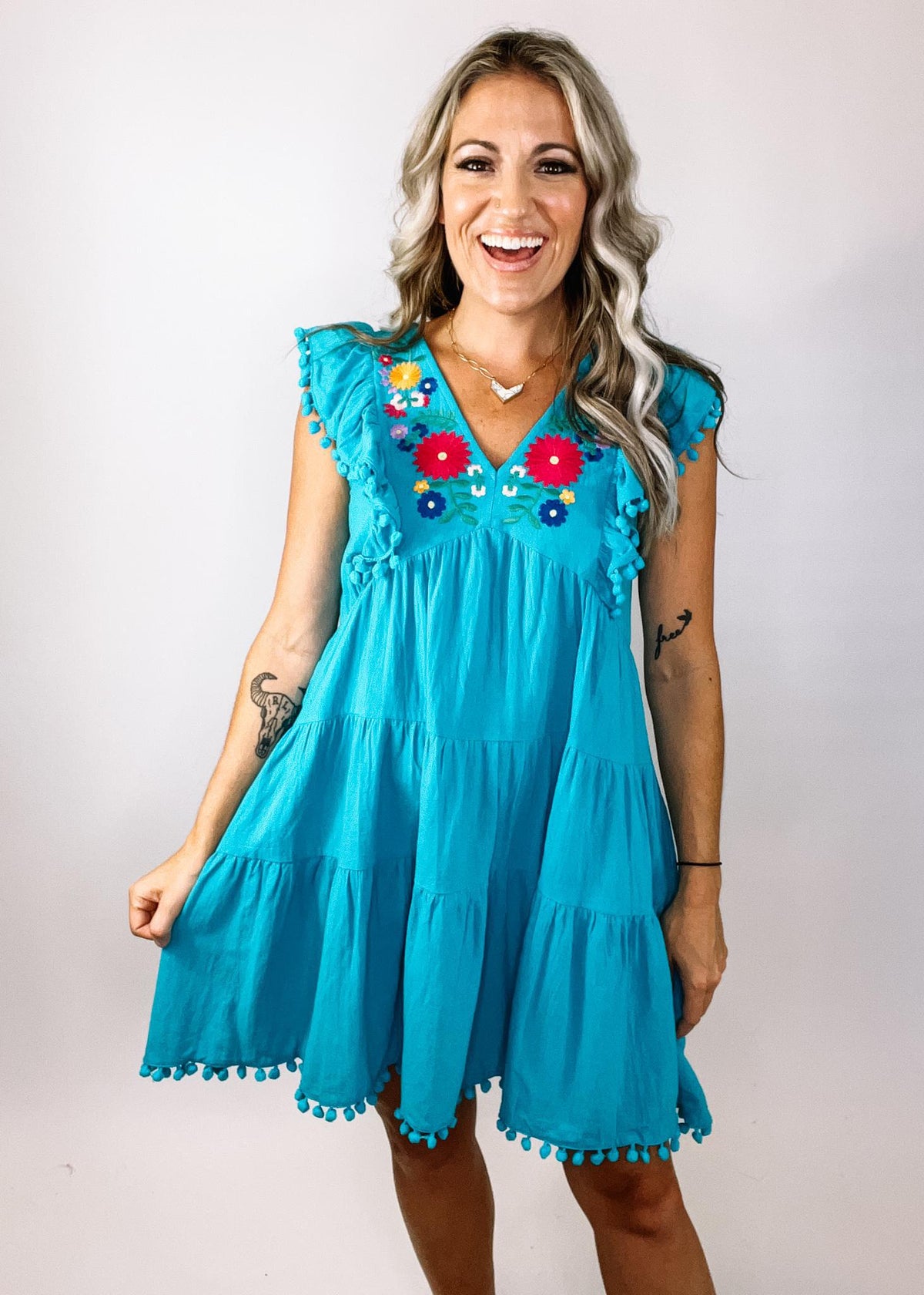 Teal Embroidered Pom Pom Sleeve Dress