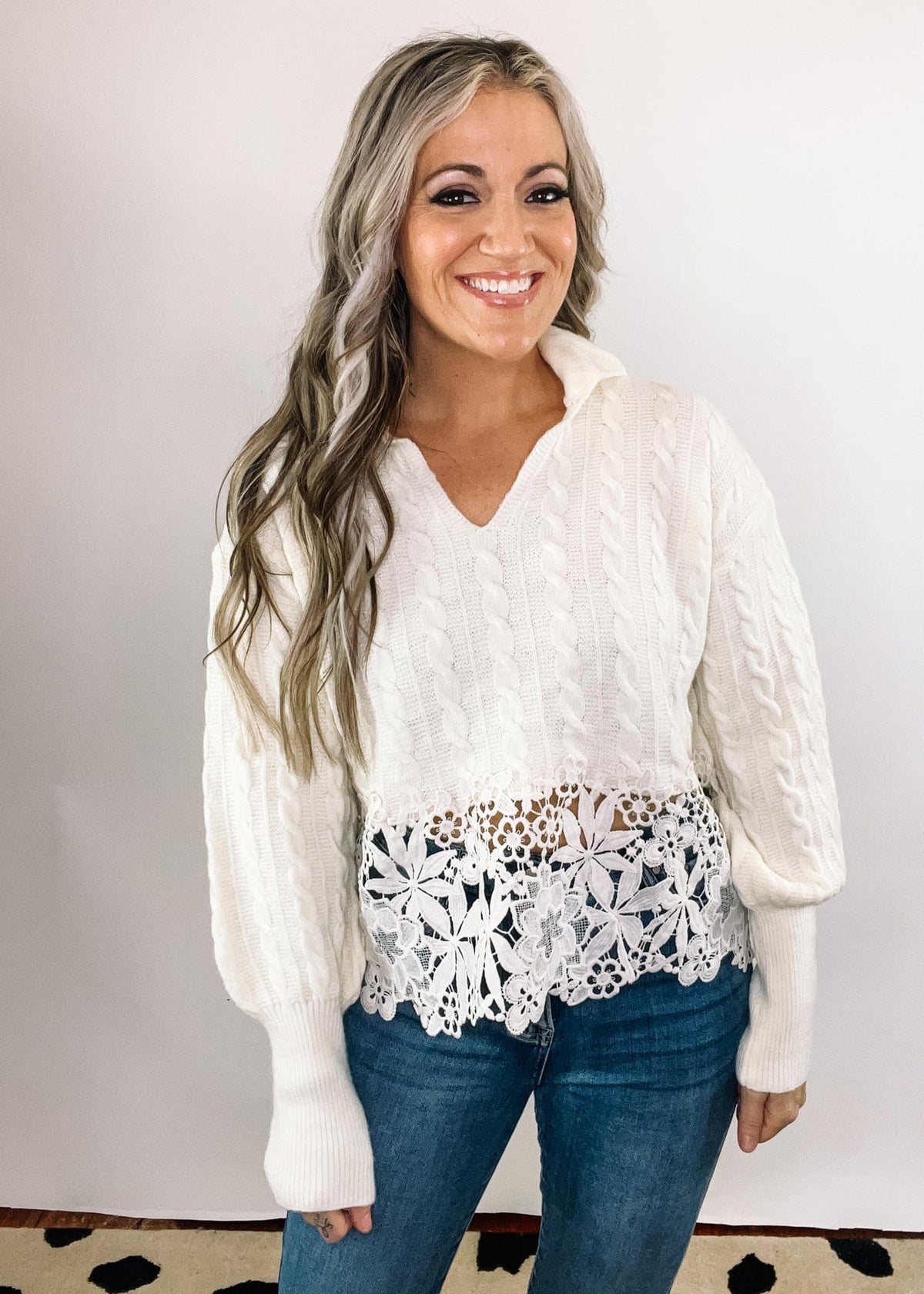 Cable Knit Sweater with Floral Crochet Lace