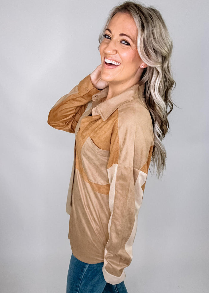 Color Block Suede Button Up Top